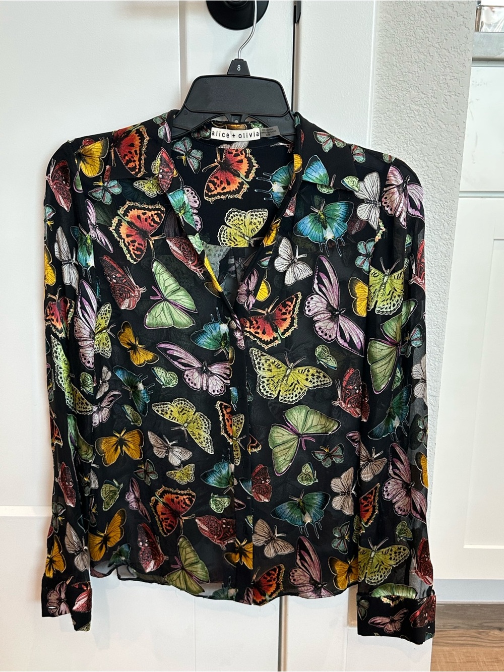 Alice + Olivia Black Sheer Blouse with Multicolor Butterfly Print